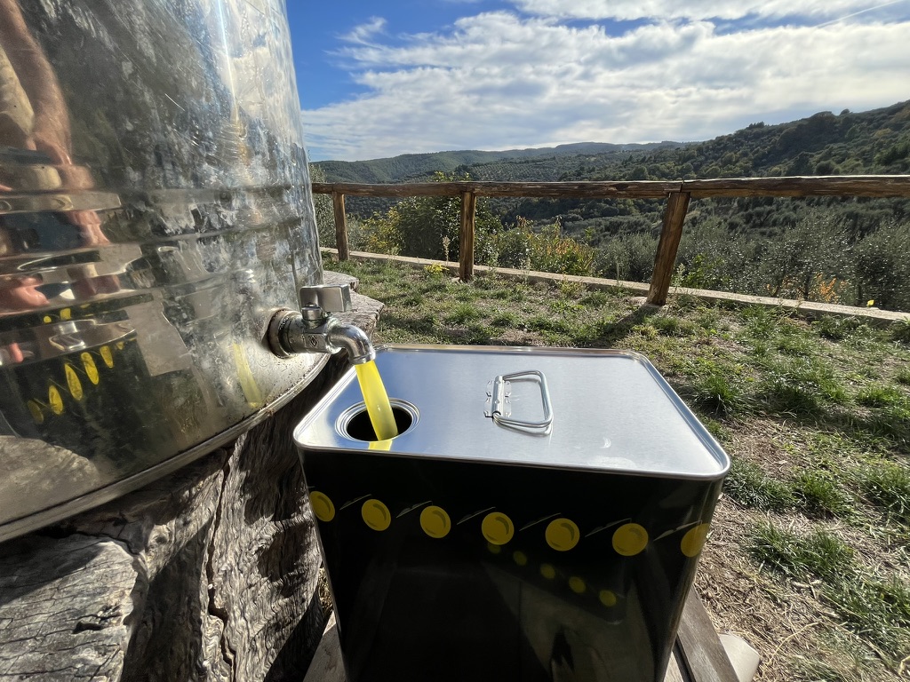Fresh olive oil flowing into a Villa Fontanella tin